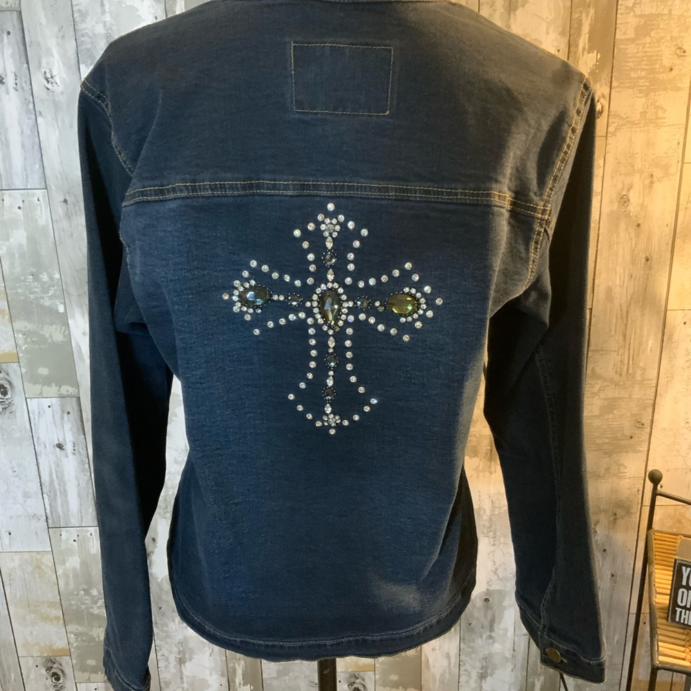 Sassy Thai denim havket with rhinestones tone cross on back. Size M